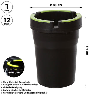 1/12x Reiseaschenbecher 'Glow in the Dark' schwarz neongrün 8x11x8cm Kunststoff fluoreszierend Deckel abnehmbar Tischaschenbecher