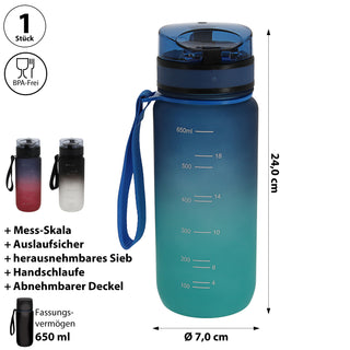 Trinkflasche 650ml Sport PET PP PE 7x24cm Lila/Pink | Grün/Blau| schwarz/weiß Farbverlauf Handschlaufe Sieb Sportwasserflasche BPA-frei