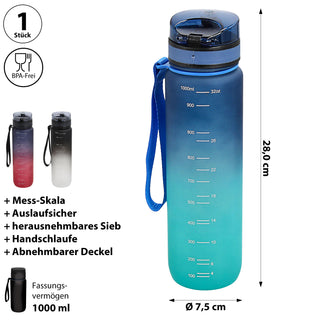 Trinkflasche 1000ml Sport PET PP PE 7,5x28cm Lila/Pink | Grün/Blau| schwarz/weiß Farbverlauf Handschlaufe Sieb Sportwasserflasche BPA-frei