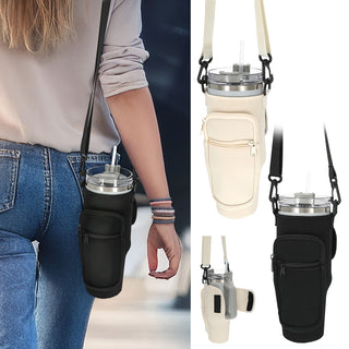 Umhängetasche für Thermobecher 1,2l beige / schwarz 7x24cm Neopren Polyester Klettverschluss Tasche Umhängegurt Handyfach