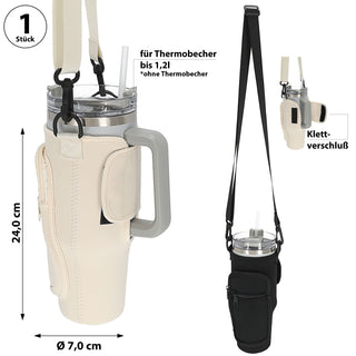 Umhängetasche für Thermobecher 1,2l beige / schwarz 7x24cm Neopren Polyester Klettverschluss Tasche Umhängegurt Handyfach
