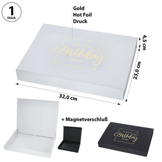 Geschenkverpackung 'Happy Birthday' Magnetverschluss 32x4,5x23cm Karton weiß/schwarz gold Schachtel Box Geschenk