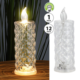1/12x LED Kerze Kristall klar 5x12cm Kunststoff warmweiß Ein-/Ausschalter flammenlos Kristalloptik