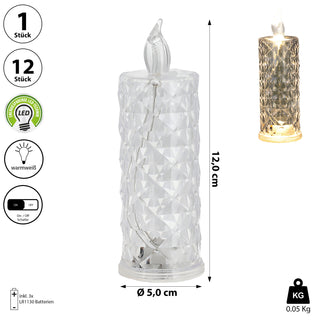 1/12x LED Kerze Kristall klar 5x12cm Kunststoff warmweiß Ein-/Ausschalter flammenlos Kristalloptik