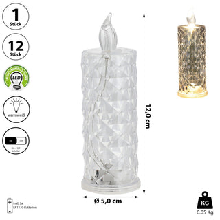 1/12x LED Kerze Kristall klar 5x12cm Kunststoff warmweiß Ein-/Ausschalter flammenlos Kristalloptik