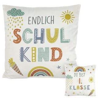 Kissen 'Du bist die 1. Klasse'/ 'Endlich Schulkind' 40x40cm weiß bedruckt Polyester 280g Füllung Reißverschluss Motivkissen Kuschelkissen