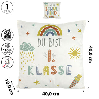 Kissen 'Du bist die 1. Klasse'/ 'Endlich Schulkind' 40x40cm weiß bedruckt Polyester 280g Füllung Reißverschluss Motivkissen Kuschelkissen