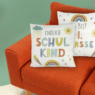 Kissen 'Du bist die 1. Klasse'/ 'Endlich Schulkind' 40x40cm weiß bedruckt Polyester 280g Füllung Reißverschluss Motivkissen Kuschelkissen