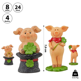 8/24x Glücksschwein 'Viel Glück' Geschenkbox Set 4fach sortiert 3x7cm Polyresin Silvester Neujahr Schwein Hufeisen Kleeblatt Glücksbringer