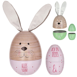 Geschenkdose Osterhase 2er Set Ei mit Ohren + Ei klein rosa oder grün natur Metall Polyester 11,5x14,5cm Dose Verpackung Geschenkbox