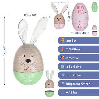 Geschenkdose Osterhase 2er Set Ei mit Ohren + Ei klein rosa oder grün natur Metall Polyester 11,5x14,5cm Dose Verpackung Geschenkbox