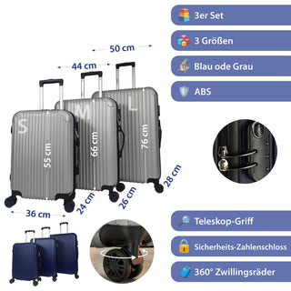 Reisekoffer Set blau/grau 3 Größen 20/24/28 Zoll ABS Teleskopstange 4 Zwillingsrollen Zahlenschloss Koffer Kofferset