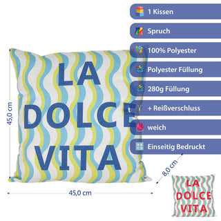 Kissen La Dolce Vita 45x45x8cm rot oder blau mehrfarbig Polyester 280g Polyesterfüllung Reißverschluss Kuschelkissen Wellendesign einseitig bedruckt