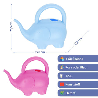 Gießkanne Elefant Kunststoff rosa/hellblau 24x20x12cm 1,5 Liter Kinder-Gießkanne Kanne Wasserkanne Gartenzubehör Motivkanne zum Gießen für Blumen