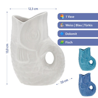 Vase Fisch 'Blubb' 12x13x7cm Dolomit weiß/blau/türkis Blumenvase Dekovase Tischvase Fischform Fischmaul Henkel