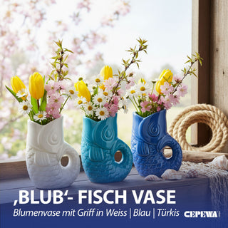 Vase Fisch 'Blubb' 12x13x7cm Dolomit weiß/blau/türkis Blumenvase Dekovase Tischvase Fischform Fischmaul Henkel