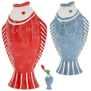 Vase Fisch 'Blütenfisch' 7,5x19x10cm Steingut rot Blumenvase Dekovase Tischvase Fischform Fischmaul maritim Wohnaccessoire