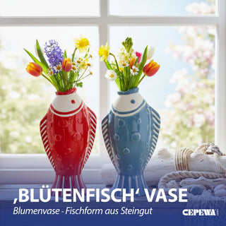 Vase Fisch 'Blütenfisch' 7,5x19x10cm Steingut rot Blumenvase Dekovase Tischvase Fischform Fischmaul maritim Wohnaccessoire
