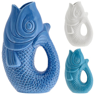 Vase Fisch 'Blubb' 13,5x21x9cm Dolomit weiß/blau/türkis Blumenvase Dekovase Tischvase Fischform Fischmaul Henkel