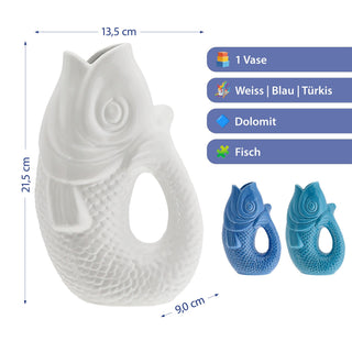 Vase Fisch 'Blubb' 13,5x21x9cm Dolomit weiß/blau/türkis Blumenvase Dekovase Tischvase Fischform Fischmaul Henkel
