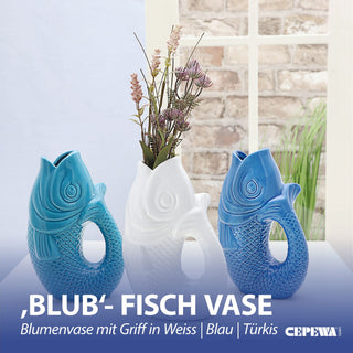 Vase Fisch 'Blubb' 13,5x21x9cm Dolomit weiß/blau/türkis Blumenvase Dekovase Tischvase Fischform Fischmaul Henkel