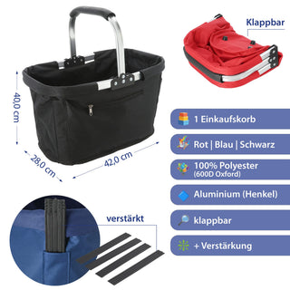 Einkaufskorb faltbar rot|blau|schwarz Aluminium Polyester 600D 42x40x28cm Korb Tragekorb Shopper mit Griff Picknickkorb gestützter Boden verstärkt