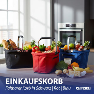 Einkaufskorb faltbar rot|blau|schwarz Aluminium Polyester 600D 42x40x28cm Korb Tragekorb Shopper mit Griff Picknickkorb gestützter Boden verstärkt