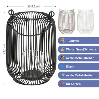 Laterne oval Metallstreben weiß/grau/schwarz Eisen 11,5x22cm Gartenlaterne mit Henkel Teelichthalter Windlicht für Kerzen oder Teelichter