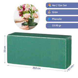 4/12er Steckschaum Block Set Phenolic 20x7x9,5cm 33g grün Blumensteckmasse Steckschwamm DIY Floristik Steckziegel Gesteckunterlage für Blumen und Gräser