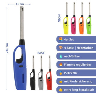 4x Stabfeuerzeug BASIC/NEON Set 4 Farben ABS Eisen Edelstahl 3,5x23x2cm nachfüllbar regulierbare Flamme Sturmfeuerzeug Feueranzünder