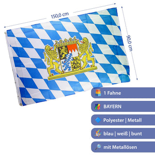 1/5x Fahne Bayern zum Aufhängen 150x90cm Polyester weiß blau Dekofahne für Balkon Garten Sportveranstaltung Verein Hissflagge mit Metallösen