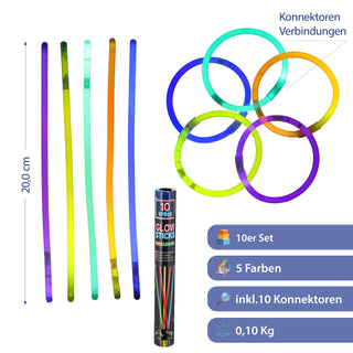 Knicklichter 10er Set in Pappröhre 5 Neon-Farben H20cm Kunststoff Leuchtsticks Leuchtstäbe 10 Konnektoren zum Verbinden Partyspaß Mitgebsel