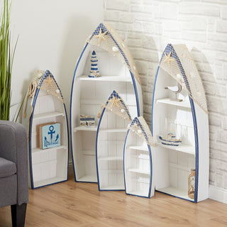 1x Regal "Ruderboot", 5er Set, weiß/blau, inkl. Netz + Muscheln, Deko