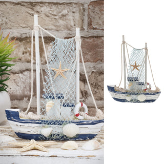 Fischerboot blau weiß 15x16,5x5cm Holz Boot Schiff Fischernetz Muscheln Seestern martim Dekoboot