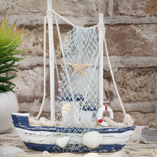 Fischerboot blau weiß 15x16,5x5cm Holz Boot Schiff Fischernetz Muscheln Seestern martim Dekoboot