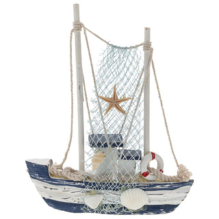 Fischerboot blau weiß 15x16,5x5cm Holz Boot Schiff Fischernetz Muscheln Seestern martim Dekoboot