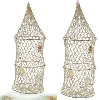 Deko Reuse mit Muscheln Baumwolle Metall 15x50cm Fischernetz Zylinder-Reuse 3 Ringe maritime Dekoration