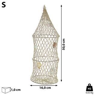 Deko Reuse mit Muscheln Baumwolle Metall 15x50cm Fischernetz Zylinder-Reuse 3 Ringe maritime Dekoration