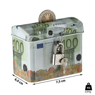 Spardose mit Vorhängeschloß "100 EUR Scheine" abschließbar Blech Sparbüchse Büchse Gelddose