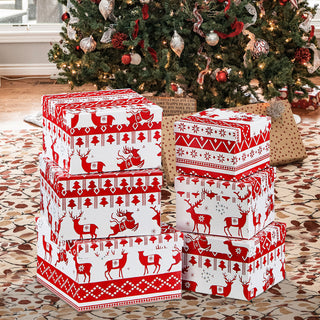 Boxenset 6tlg "Reindeer" weiß/rot Weihnachtsgeschenke Geschenkboxen Tannenbaum Rentier Schachteln Boxen Verpackung