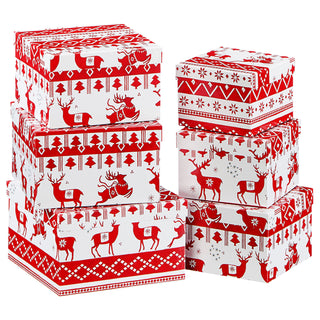 Boxenset 6tlg "Reindeer" weiß/rot Weihnachtsgeschenke Geschenkboxen Tannenbaum Rentier Schachteln Boxen Verpackung