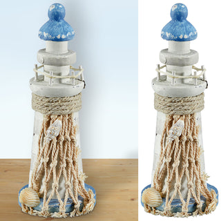 Deko Leuchtturm H12,5cm Holz Seil Muscheln maritim Dekoration Leuchtfeuer Turm