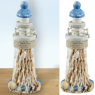 Deko Leuchtturm H12,5cm Holz Seil Muscheln maritim Dekoration Leuchtfeuer Turm