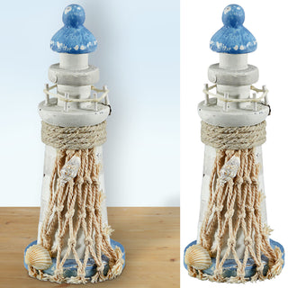 Deko Leuchtturm H12,5cm Holz Seil Muscheln maritim Dekoration Leuchtfeuer Turm