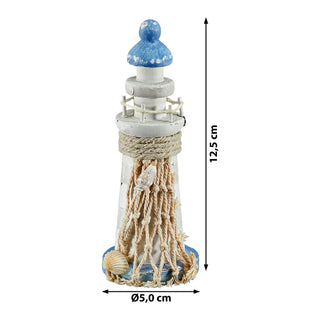 Deko Leuchtturm H12,5cm Holz Seil Muscheln maritim Dekoration Leuchtfeuer Turm