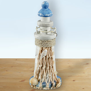 Deko Leuchtturm H12,5cm Holz Seil Muscheln maritim Dekoration Leuchtfeuer Turm
