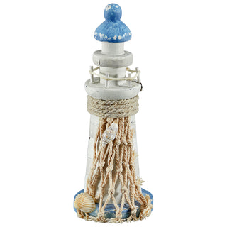 Deko Leuchtturm H12,5cm Holz Seil Muscheln maritim Dekoration Leuchtfeuer Turm