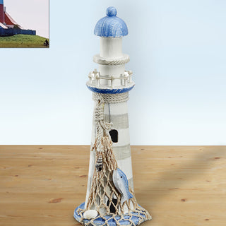 Deko Leuchtturm H30cm Holz Seil Muscheln Fische maritim Dekoration Leuchtfeuer Turm