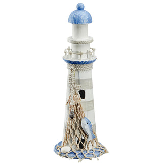 Deko Leuchtturm H30cm Holz Seil Muscheln Fische maritim Dekoration Leuchtfeuer Turm