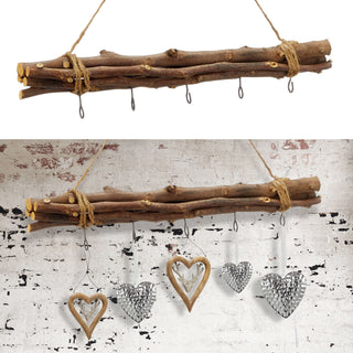 Dekostange Astbündel braun geflammt mit 5 Metalhaken 50cm Dekostange Holzstange mit Juteseil